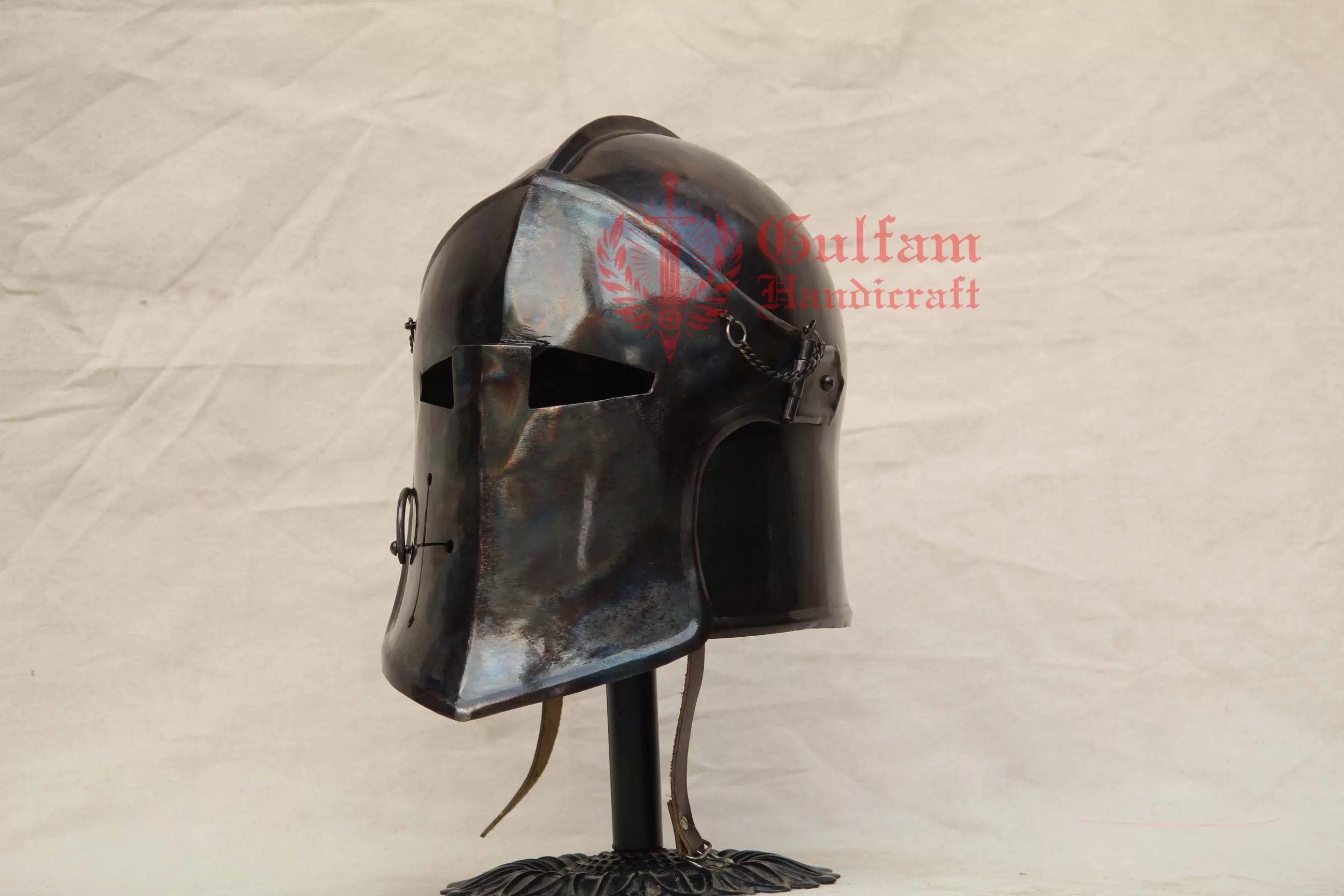 Dark Visored Barbuta Helmet: 1.2mm Mild Steel Medieval Armor