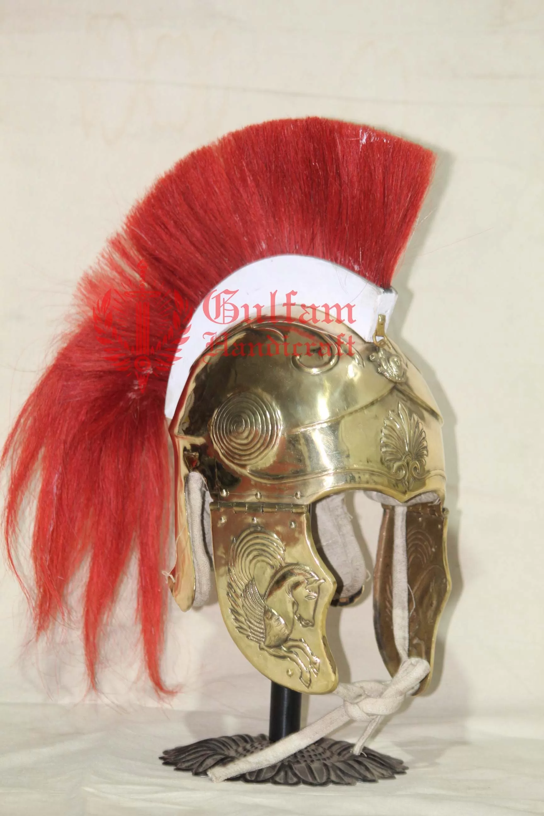 Brass Greek Attic Helmet: Reenactment Costume with Wooden Crest