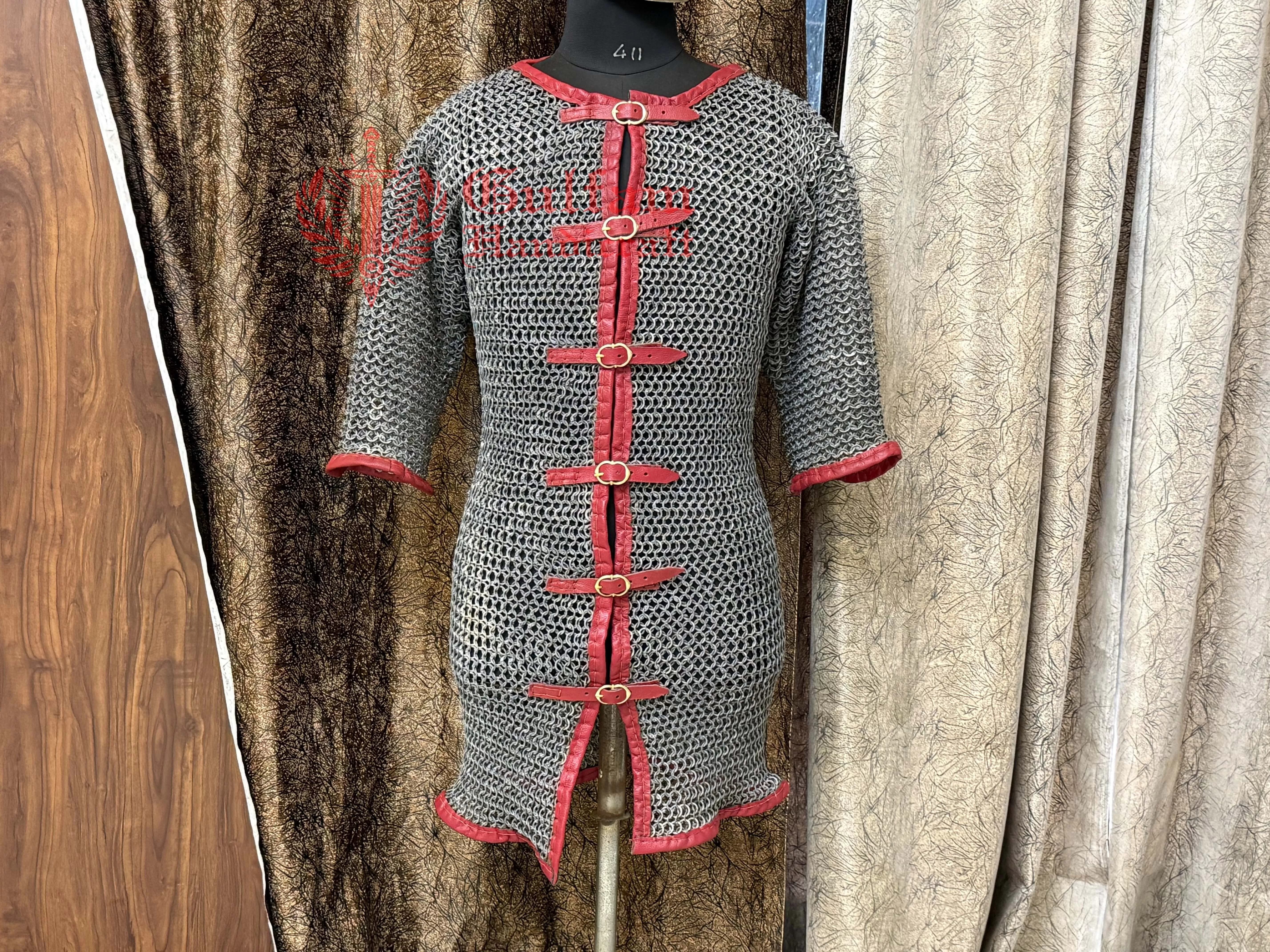 Darkened Antique Aluminium Chainmail Hauberk Opened in the Front Leather Edge With Brass Antique Buckles half Sleeves