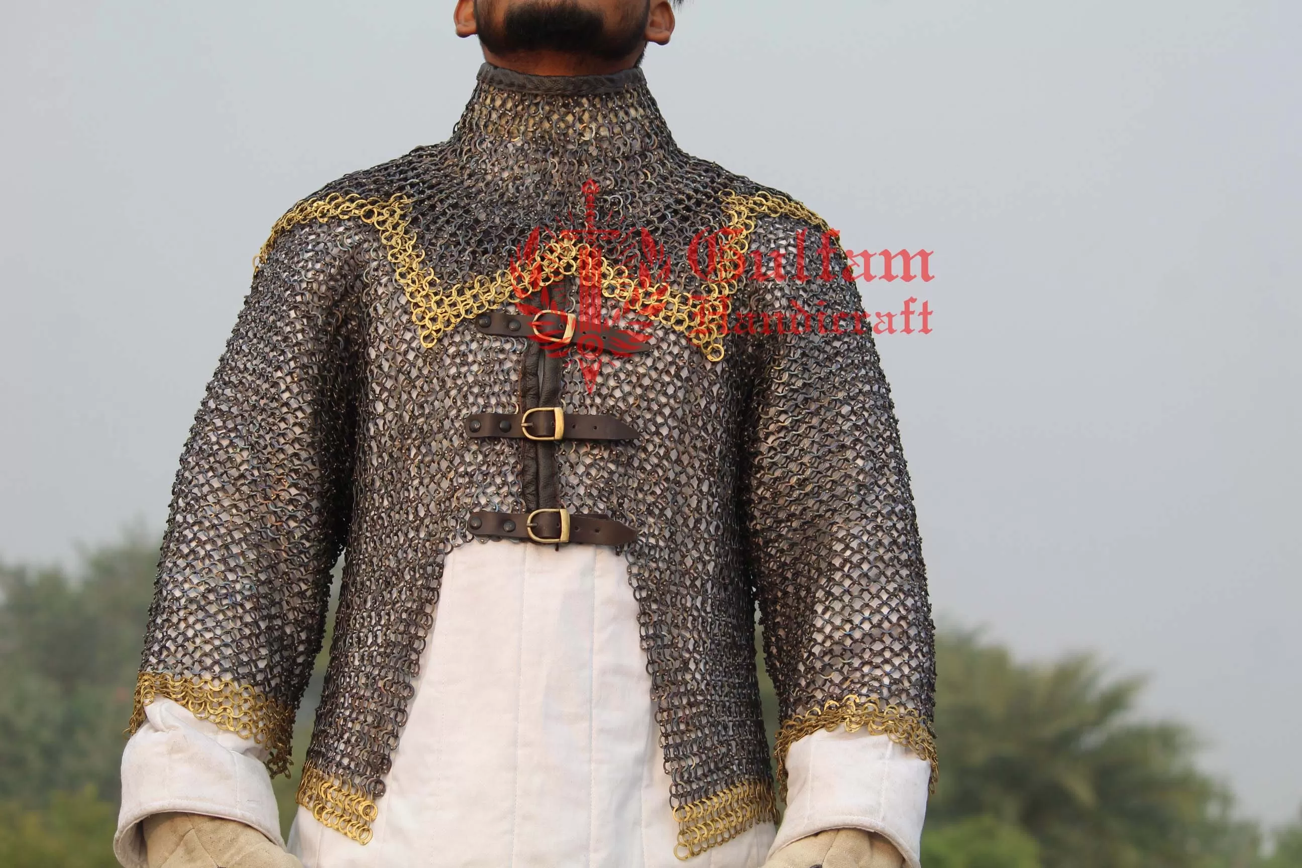 Chainmail Armor Half Body Hauberk Set Collar titanium And Brass -Reenactment LARP Cosplay
