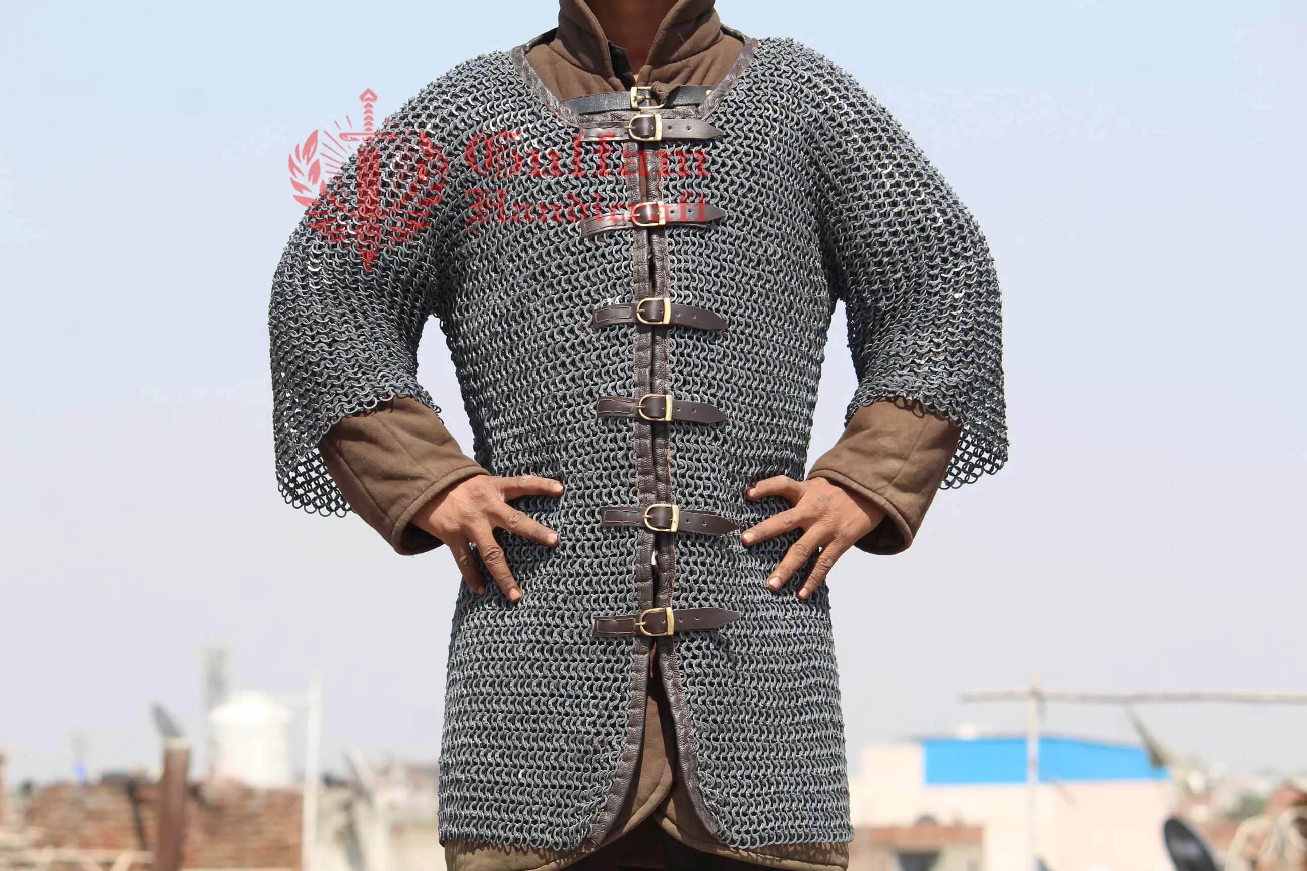 Antique Darkened Chainmail Hauberk Aluminum Chainmail Short Sleeve / Riveted Open In the Front