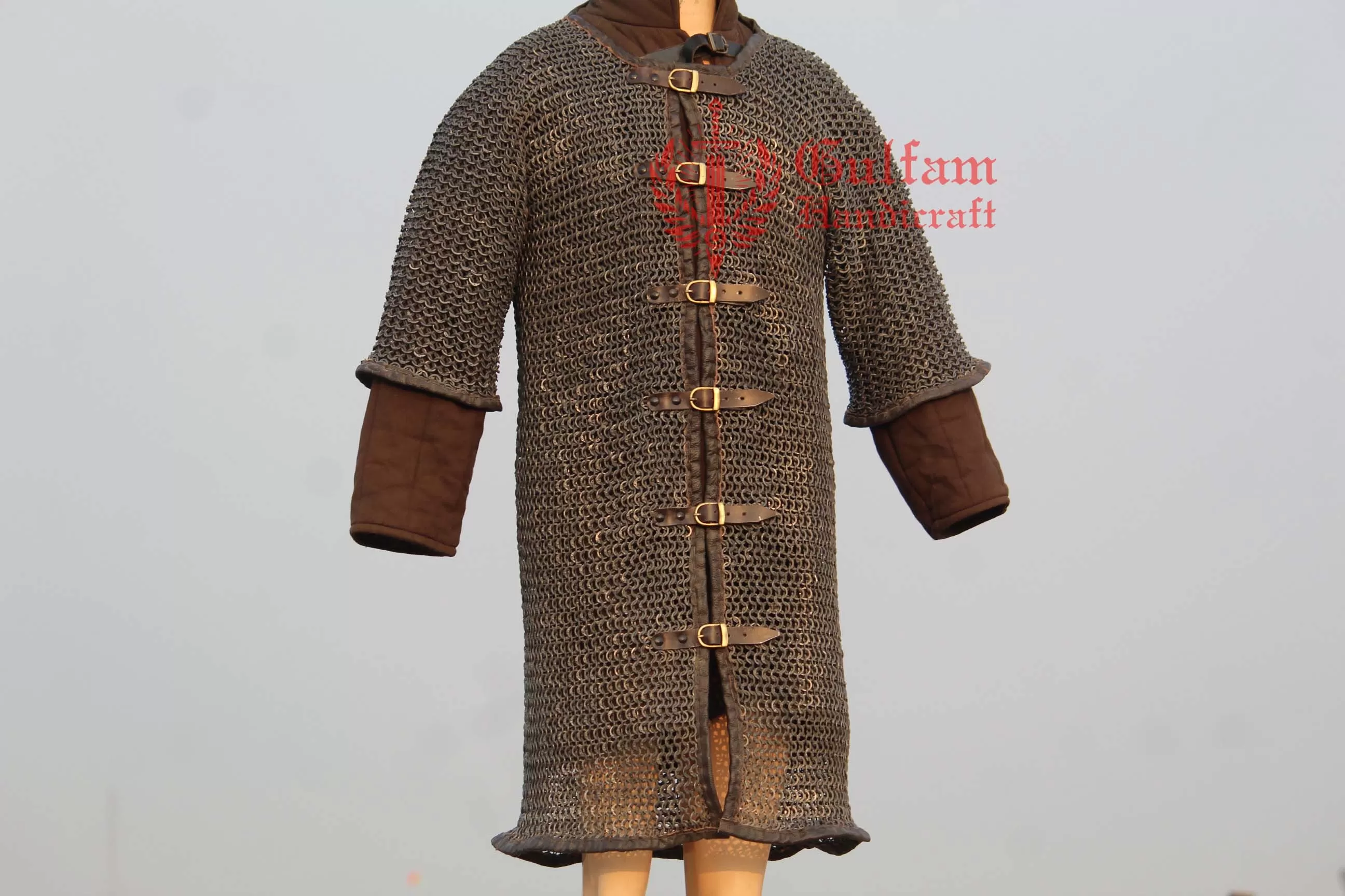 Darkened Aluminum Chainmail Hauberk: Leather Trim, Riveted - Short Sleeve