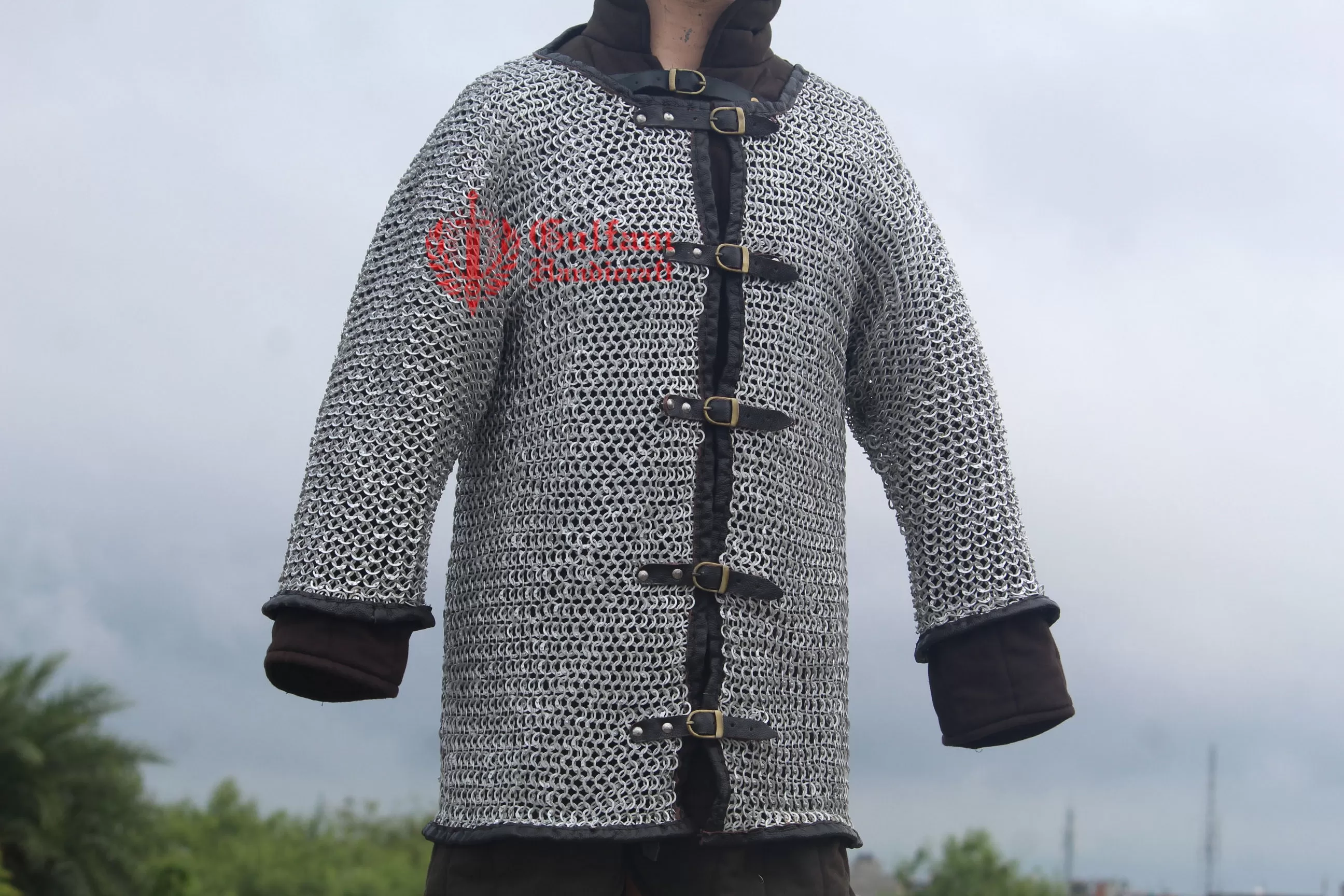 Aluminium chainmail Hauberk Flat Ring Leather Edges and Opened in the front
