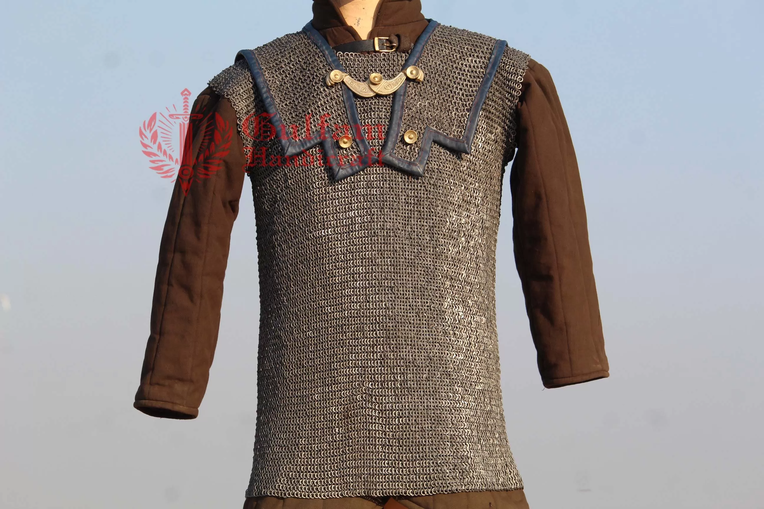 Lorica Hamata Chainmail Shirt: 6mm Flat Rings, Blue Leather, Reenactment Armor