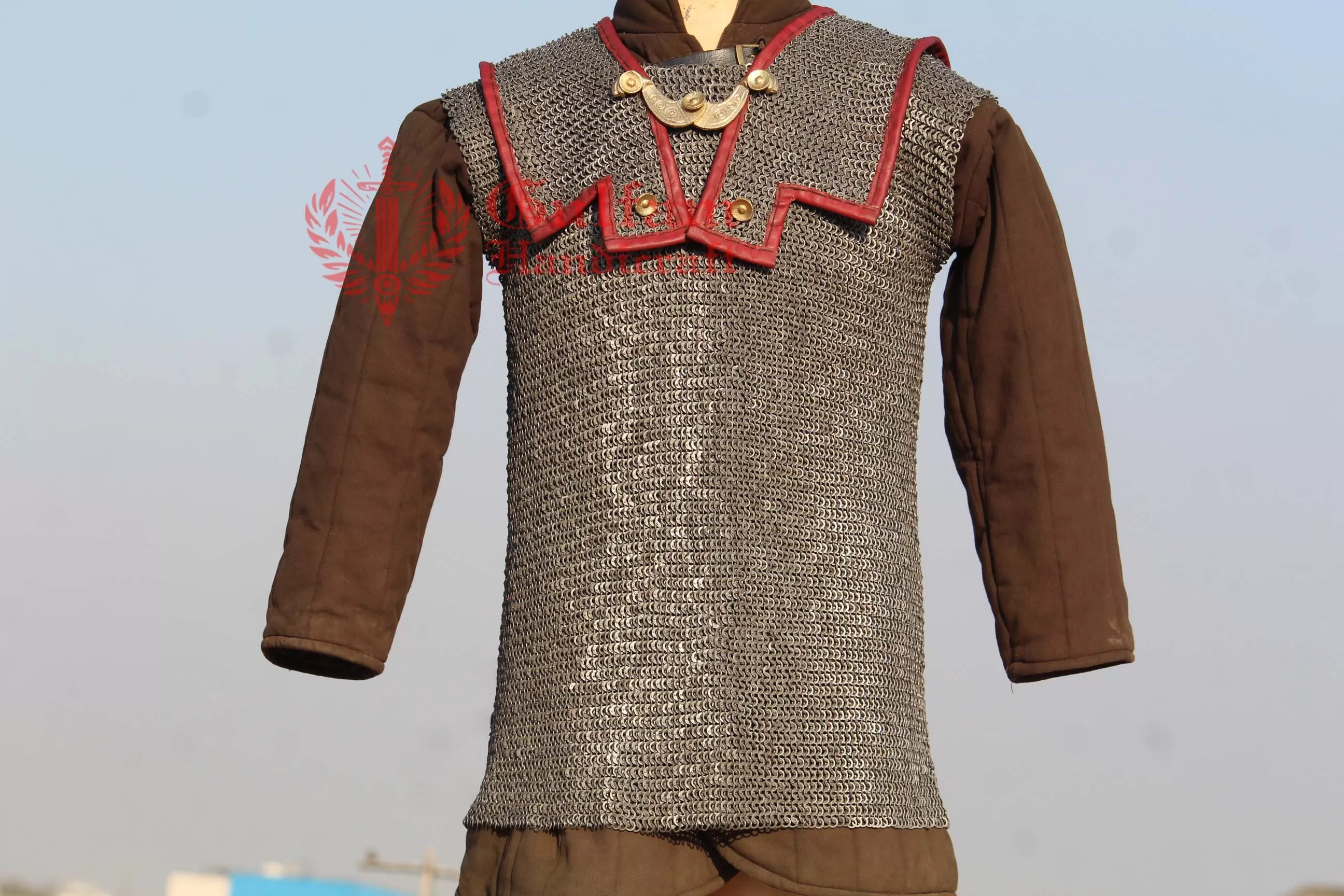 Roman Lorica Hamata Chainmail: 6mm Mild Steel, Red Leather Reenactment Armor
