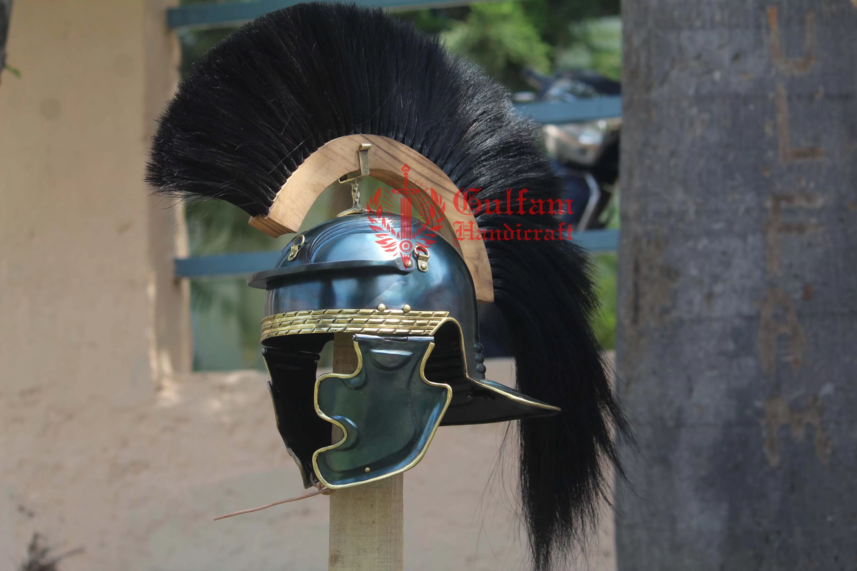 Roman Gallic Helmet: Blue Antique Finish, Black Horsehair Crest