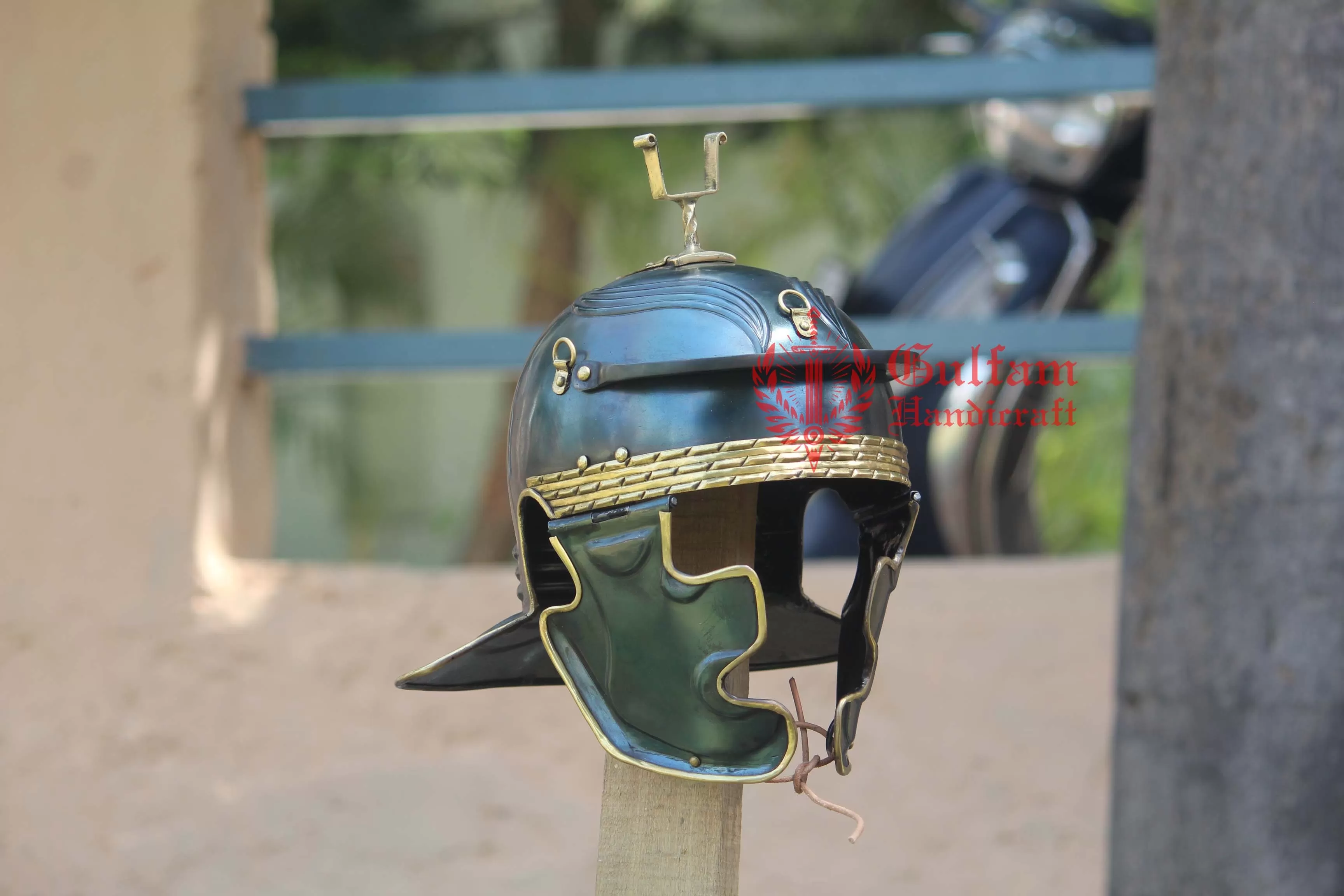 Roman Gallic Helmet: Blue Antique Steel & Brass Crest, Display Stand