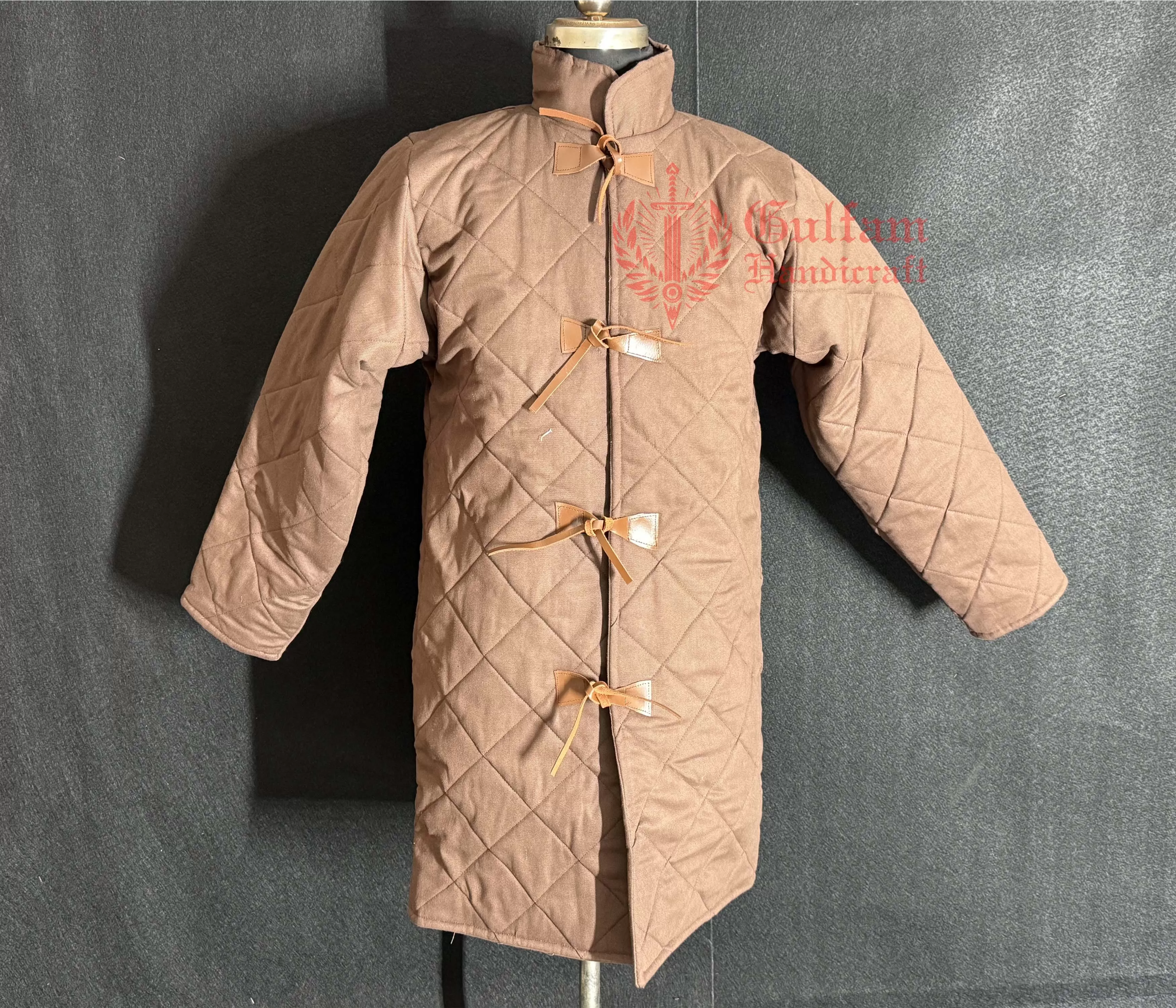 Medieval Quilted Gambeson – Brown Jacket with leather laces for LARP, Renaissance Fair & Cosplay